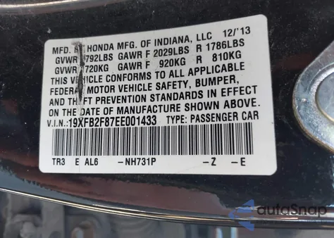 2014 Honda Civic Ex from USA, damaged, VIN 19XFB2F87EE001433